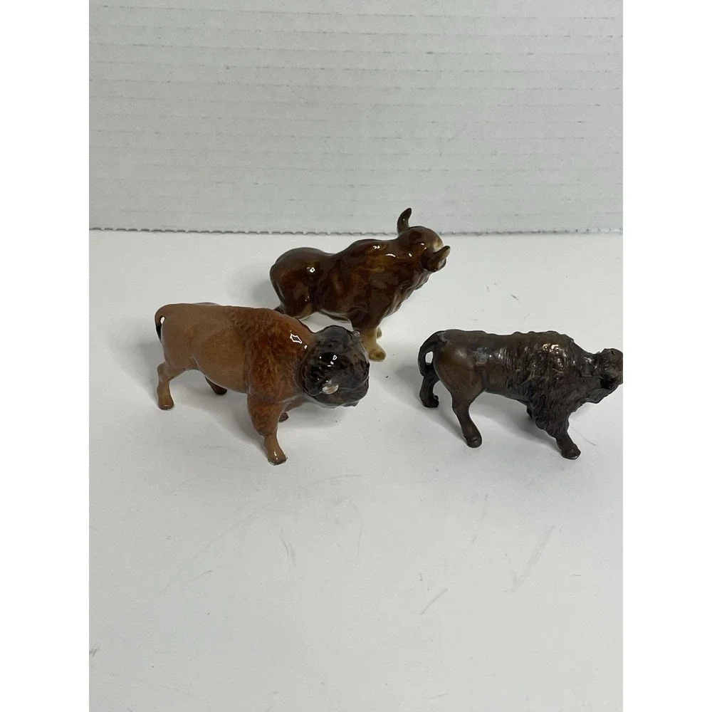 American Bison Buffalo Calf Miniature Figurine 2 Porcelain One Metal Brass? READ